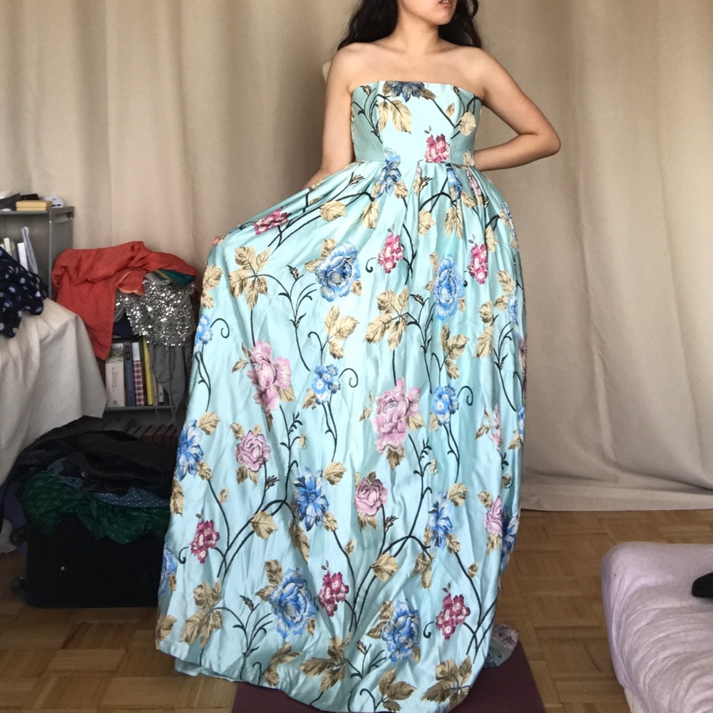 ASOS satin brocade floral strapless dress in blue